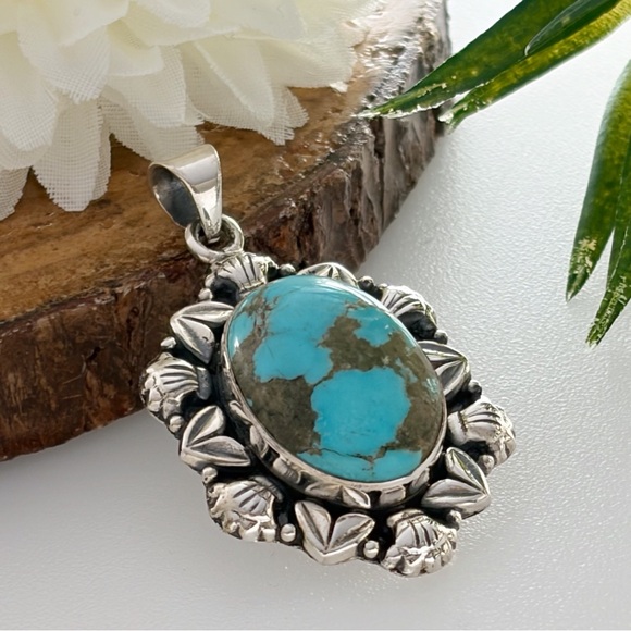 Pure Sterling Silver 925 Genuine Natural Turquoise Pendant Southwest Boho New - Picture 5 of 11